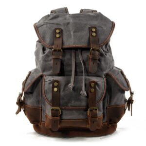 liuwei vintage travel backpack for men, genuine leather-waxed canvas hiking rucksack,large capacity waterproof daypacks,gray