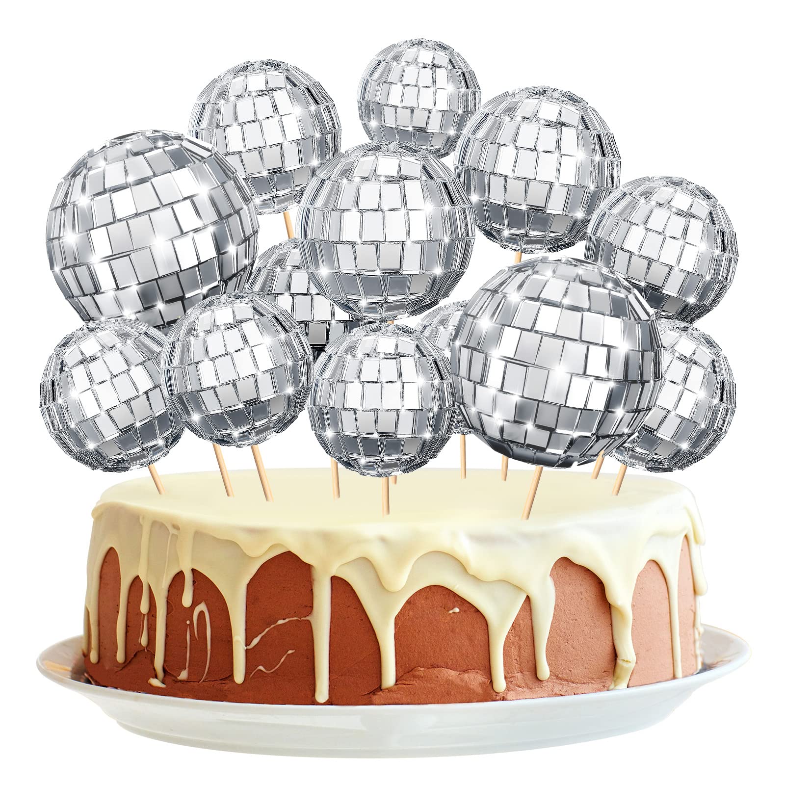 20 Pieces Disco Ball Cake Toppers Silver Disco Ball Cake Decoration Disco Ball Centerpiece Decor 70s Disco Theme Cake Decoration for Birthday Disco Theme 70s Party Supplies