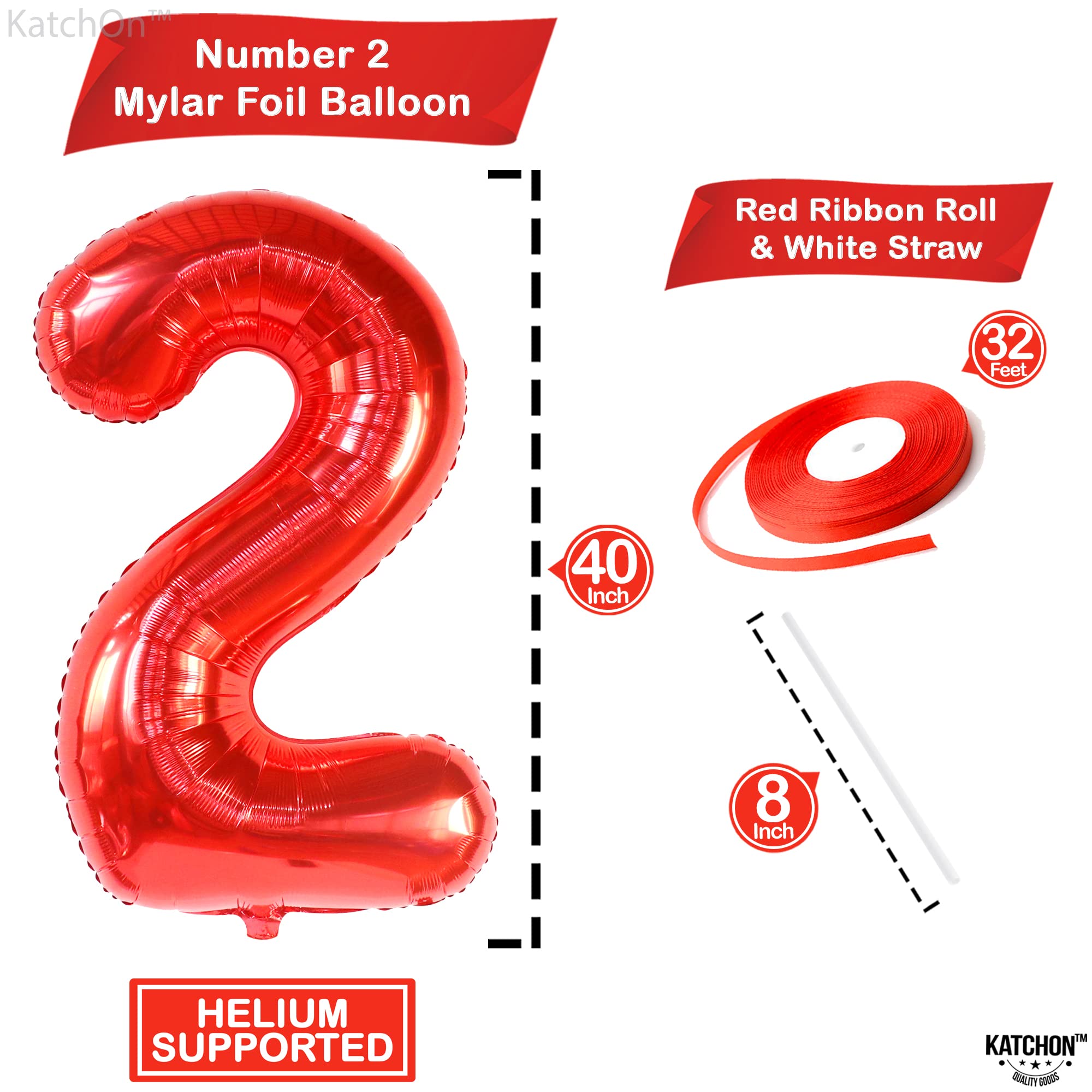 KatchOn, Big Red Number 2 Balloon - 40 Inch | 2nd Birthday Balloons for Two Fast Birthday Decorations | 2 Balloon Number for 2nd Birthday Decorations for Boys | Plim Plim Birthday Party Supplies