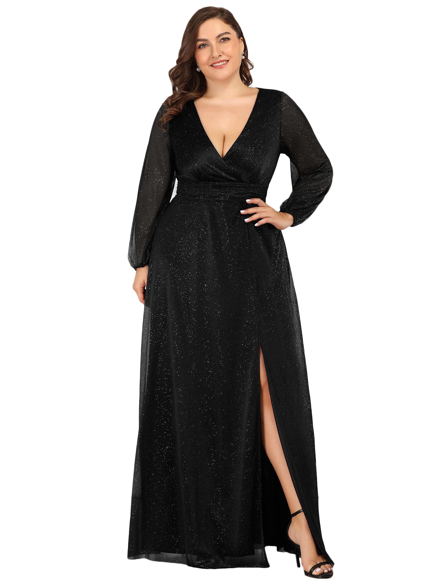 Ever-Pretty Women's Glitter A Line High Slit V-Neck Plus Size Formal Gowns and Evening Dresses Black US20