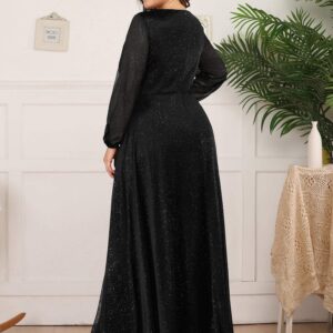 Ever-Pretty Women's Glitter A Line High Slit V-Neck Plus Size Formal Gowns and Evening Dresses Black US20