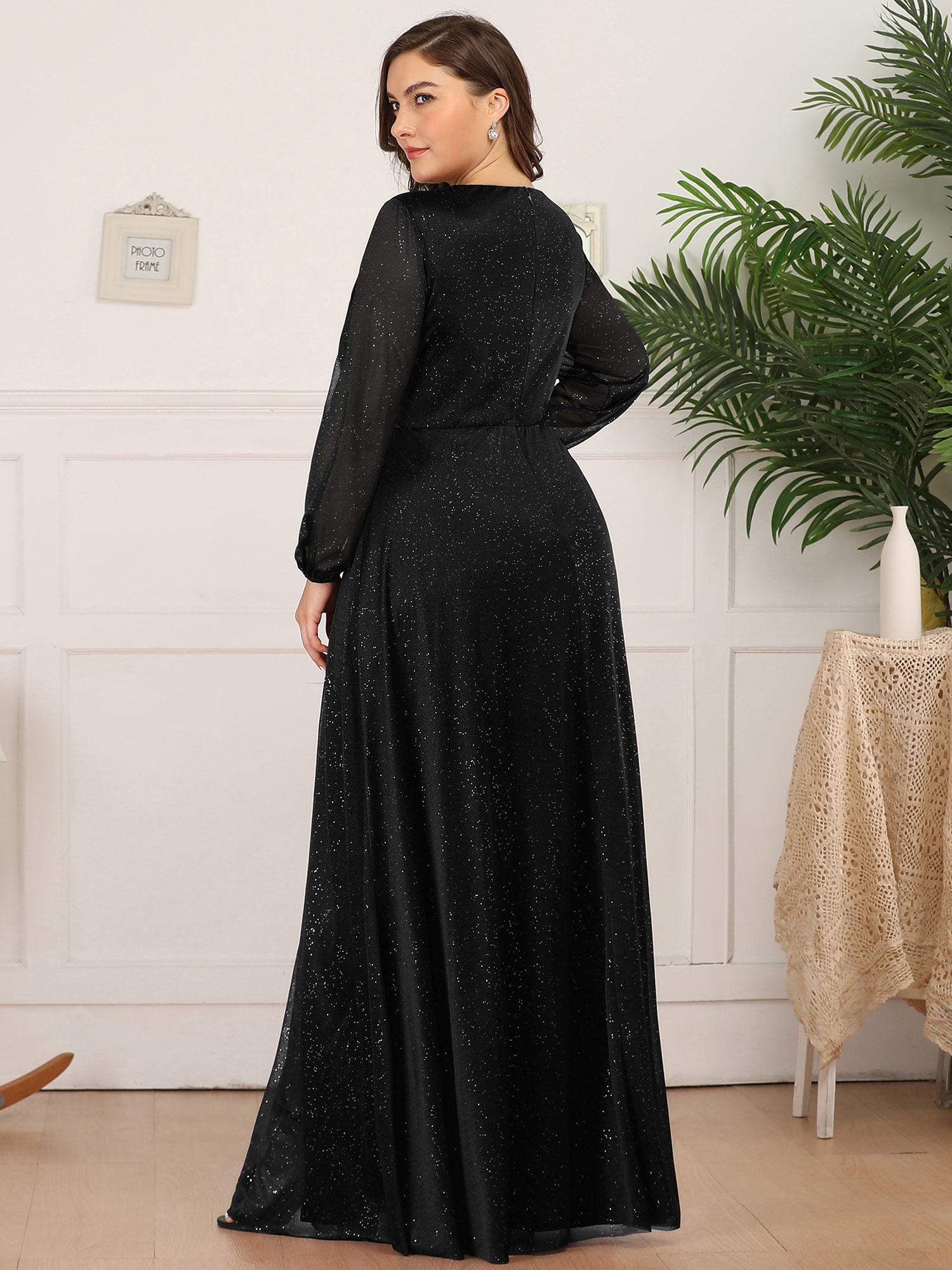 Ever-Pretty Women's Glitter A Line High Slit V-Neck Plus Size Formal Gowns and Evening Dresses Black US20