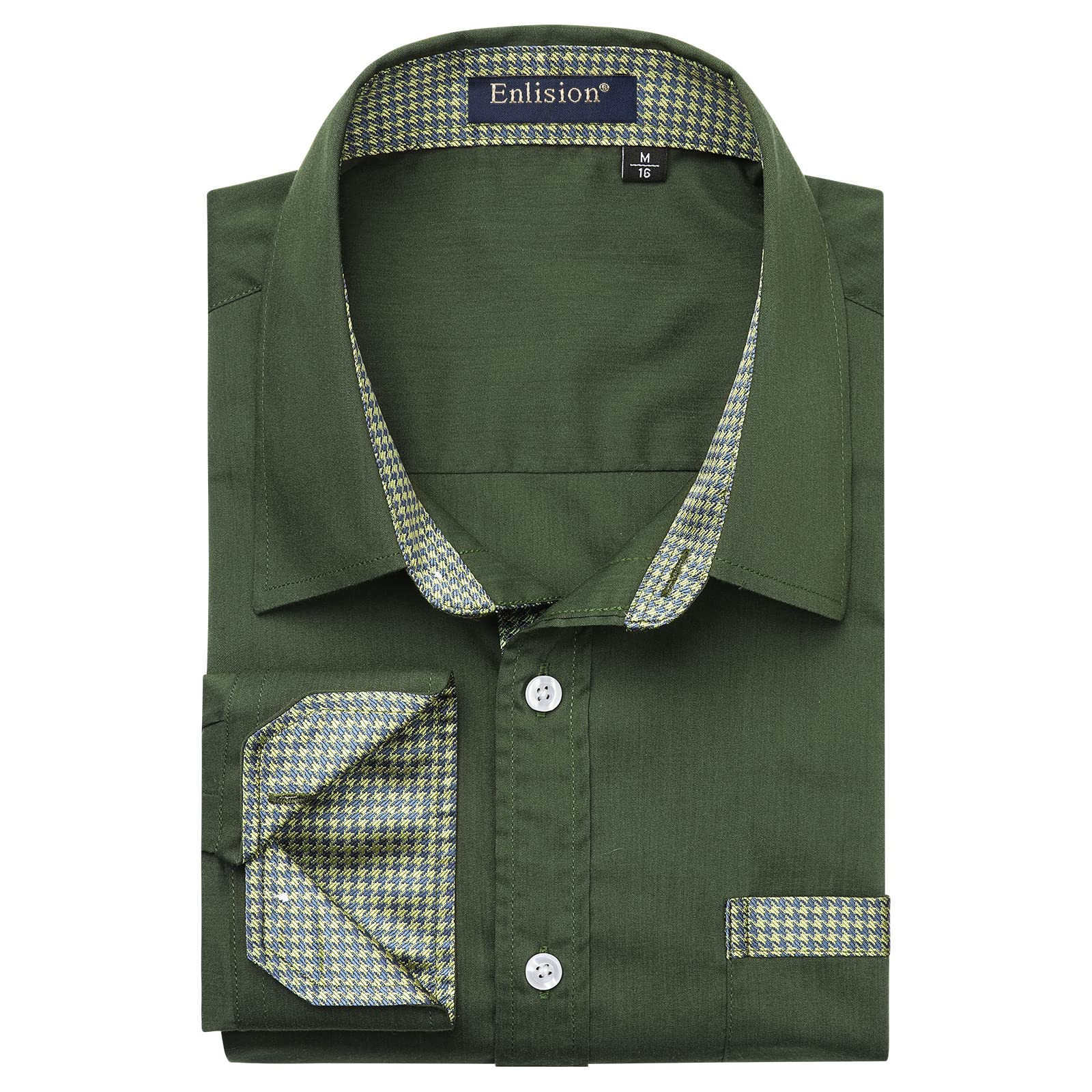 Enlision Green Dress Shirts for Men Long Sleeve Men's Casual Button-Down Shirts Houndstooth Inner Contrast Shirt Olive Regular Fit for Wedding Prom Party M