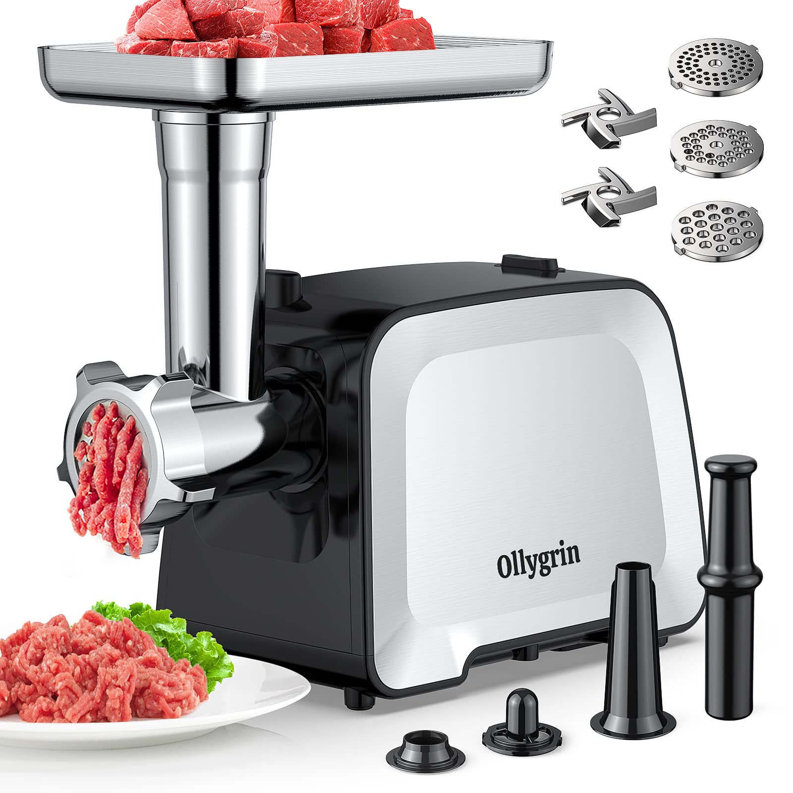 Ollygrin Meat Grinder Electric Sausage Stuffer, Meat Grinder Electric Stainless Steel, Meat Grinder Maker Heavy Duty 2300W Max With 2 Blades, 3 Plates, Sausage Stuffer Tube & Kubbe Kit