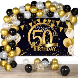 tatuo black and gold 50th happy birthday decorations include happy 50th birthday photography backdrop banner black gold confetti balloons kit for men women birthday anniversary party supplies decor