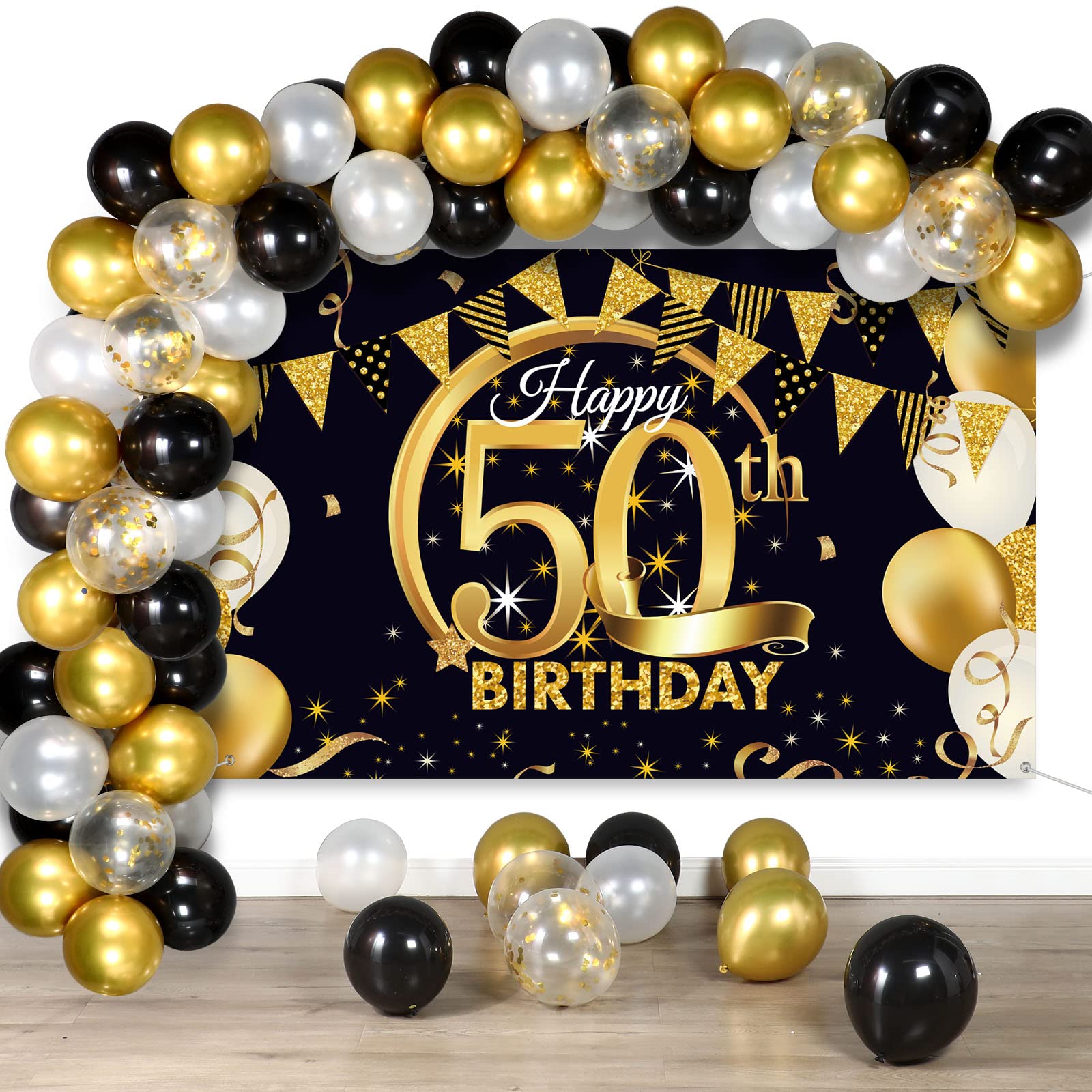 Tatuo Black and Gold 50th Happy Birthday Decorations Include Happy 50th Birthday Photography Backdrop Banner Black Gold Confetti Balloons Kit for Men Women Birthday Anniversary Party Supplies Decor