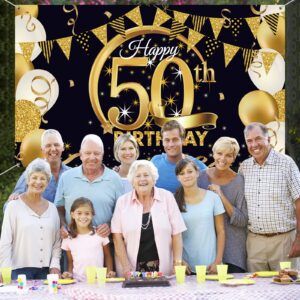 Tatuo Black and Gold 50th Happy Birthday Decorations Include Happy 50th Birthday Photography Backdrop Banner Black Gold Confetti Balloons Kit for Men Women Birthday Anniversary Party Supplies Decor