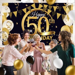 Tatuo Black and Gold 50th Happy Birthday Decorations Include Happy 50th Birthday Photography Backdrop Banner Black Gold Confetti Balloons Kit for Men Women Birthday Anniversary Party Supplies Decor