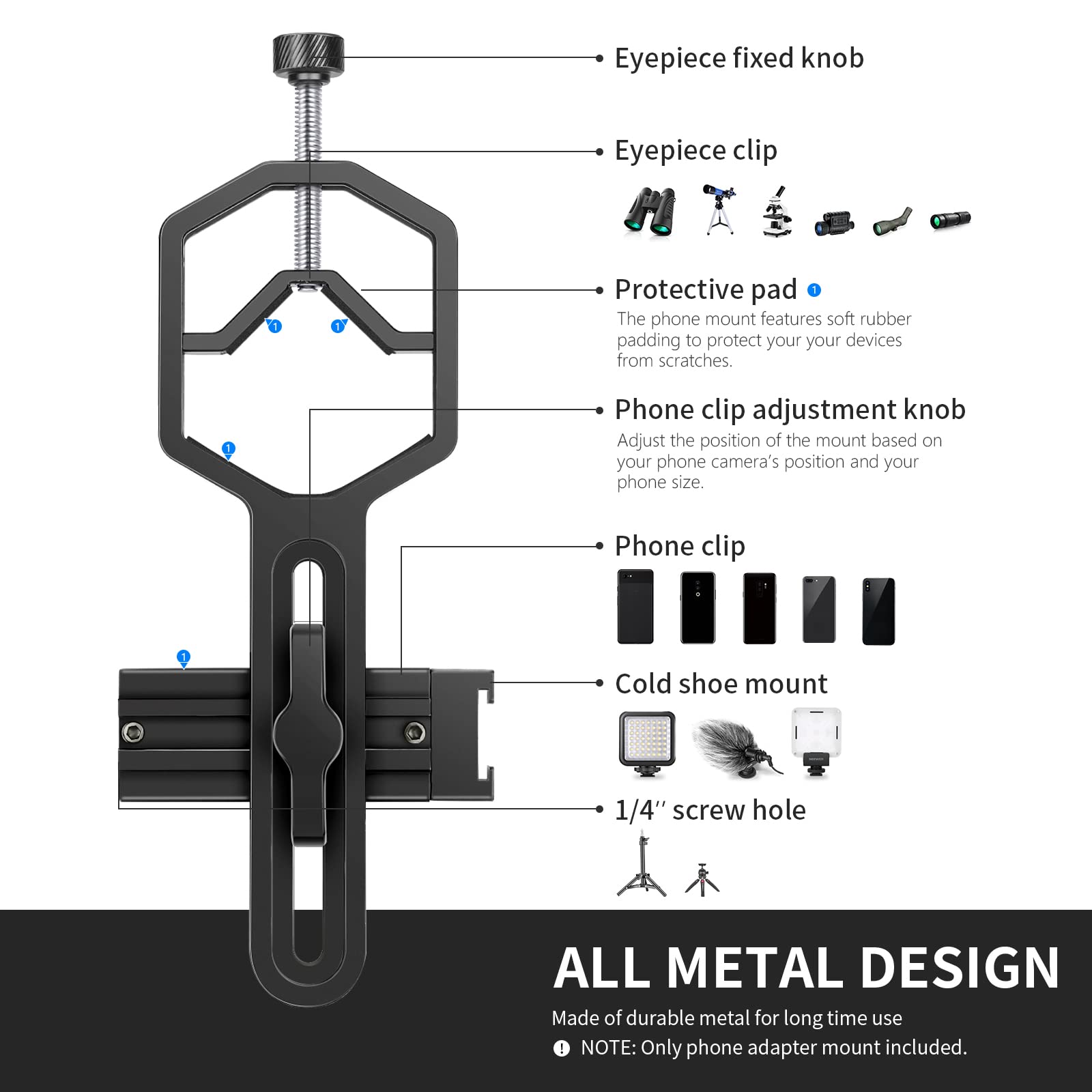 NEEWER Metal Telescope Phone Mount, 2.09"-3.54" Universal Cell Phone Mount for Spotting Scope Telescope Microscope Binocular Monocular, Fits Eyepiece with Diameter 1.02"-2.05"