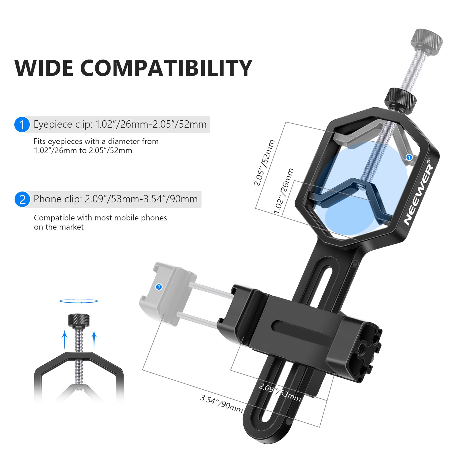 NEEWER Metal Telescope Phone Mount, 2.09"-3.54" Universal Cell Phone Mount for Spotting Scope Telescope Microscope Binocular Monocular, Fits Eyepiece with Diameter 1.02"-2.05"