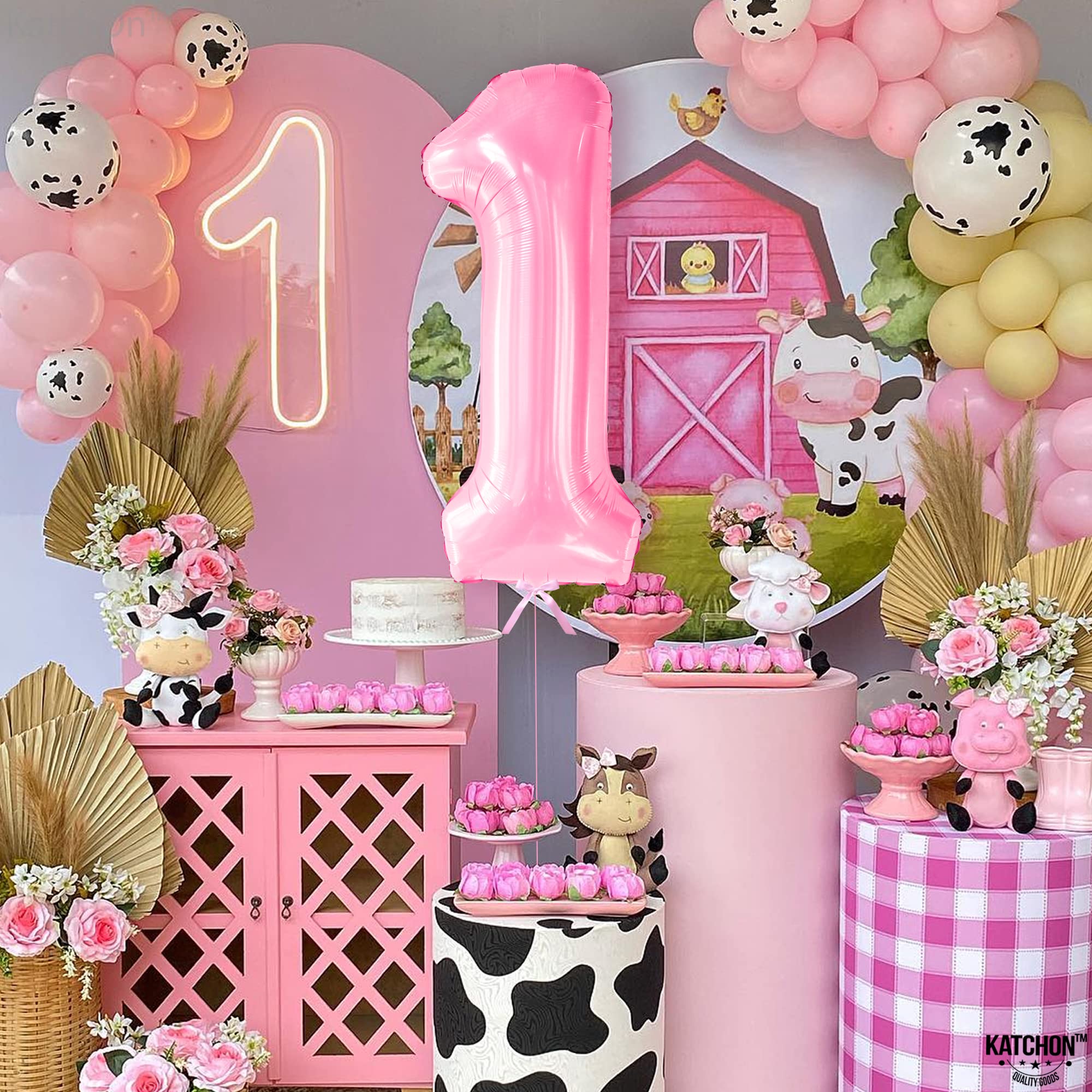 KatchOn, Pink One Balloon for first Birthday - Giant, 40 Inch | Pink Number 1 Balloons for 1st Birthday | Light Pink 1 Balloon Numbers, 1st Birthday Decorations Girl | One In A Melon Party Decorations