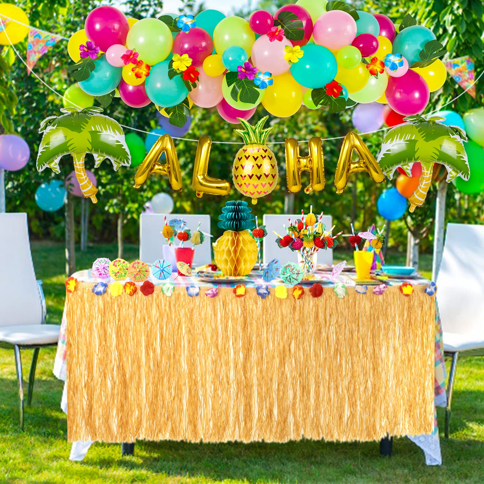 Golray Tropical Luau Party Decorations Hawaiian Summer Beach Pool Birthday Supplies, Grass Table Skirt Aloha Balloon Arch & Pineapple Flamingo Umbrella Cupcake Toppers Straws Palm Tree Leaves Hibiscus