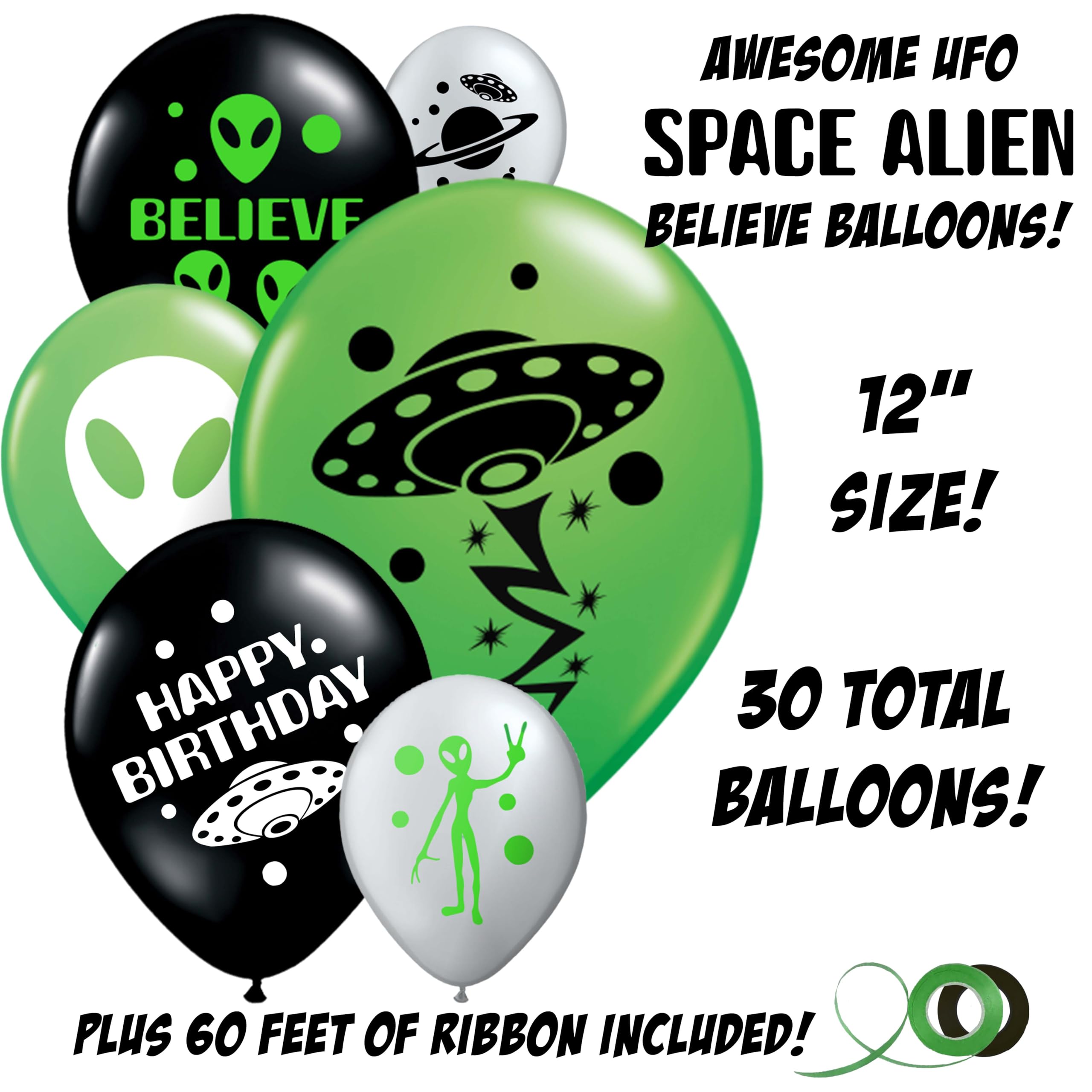 Gypsy Jade's Alien Party Balloons - 30 Green, Black and Gray UFO Outer Space Aliens Decorations