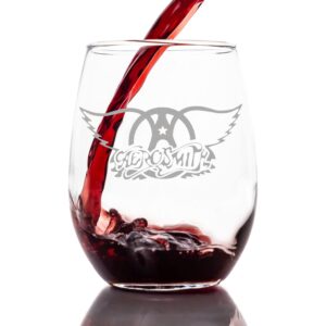 aerosmith etched stemless wine glass - officially licensed, premium quality, handcrafted glassware, 15 oz. - perfect collectible gift for rock music fans, birthdays, & aerosmith enthusiasts