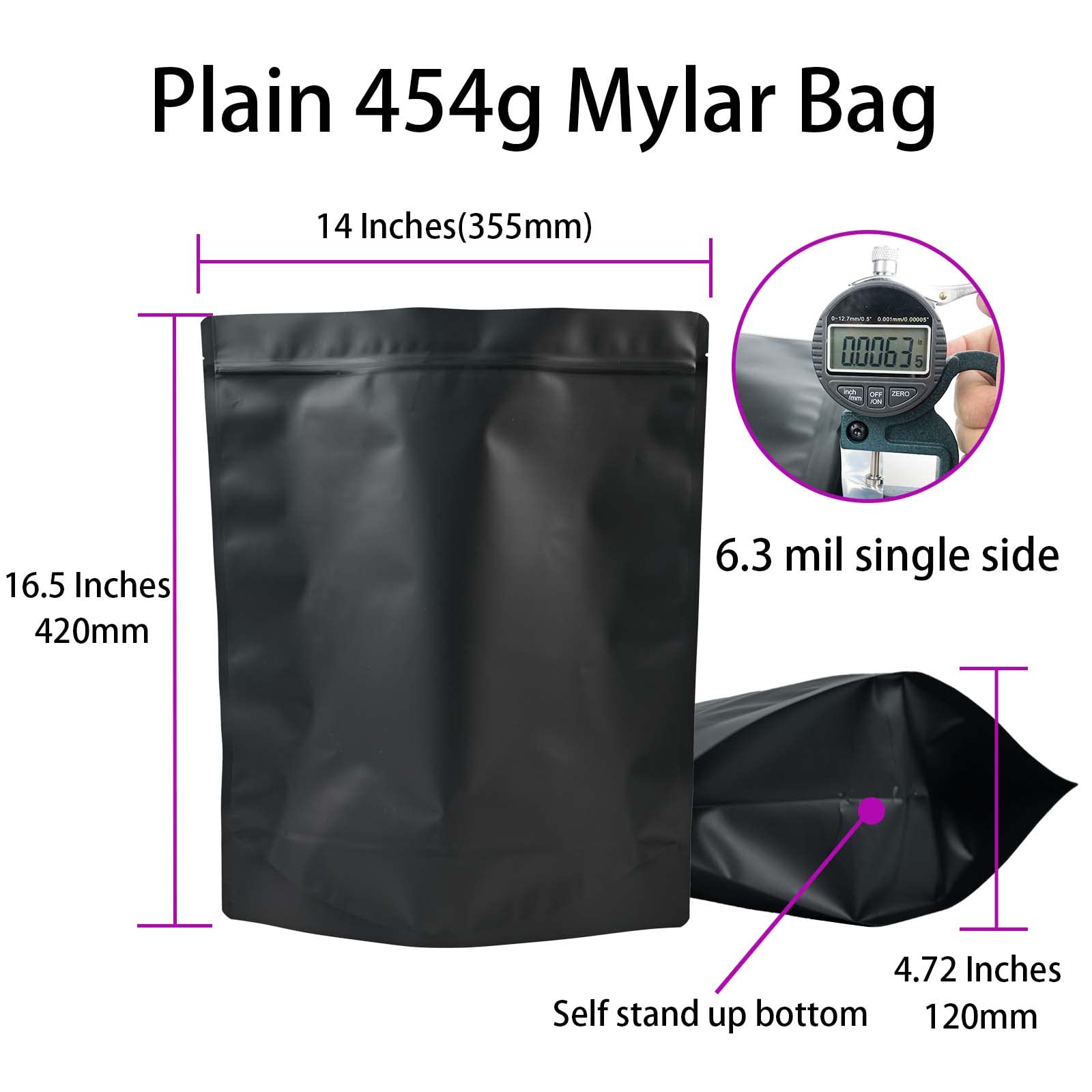 KHMSYOG 20 Pack Mylar Bag 1 LB,6.3 Mil Thickness Smell Proof Bag,Stand-up Packaging Pouch,Resealable Ziplock Foil Food Storage Baggies Safe Material,14x16.5 Inches,Matte Black