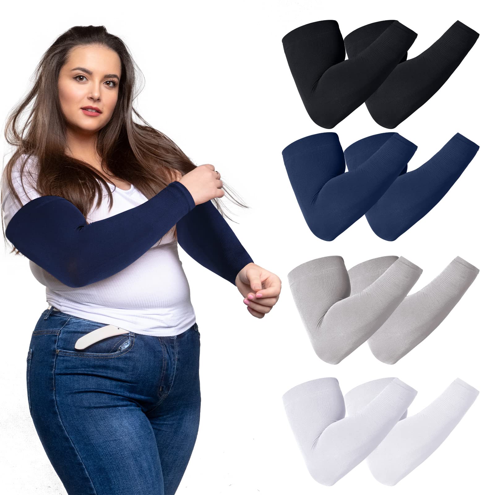 4 Pairs Plus Size Arm Sleeve Cooling Sun Protection UV Cover up Oversized Compression Sleeve Compression Arm Sleeve(Black, White, Navy, Grey)