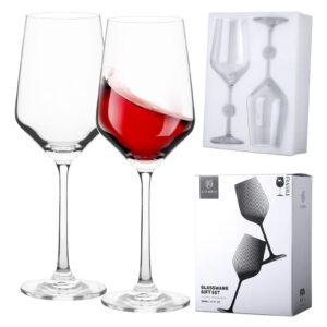 giforya red wine glasses (set of 2)- long stem wine glasses, 13 ounce crystal wine glasses set with gift box, modern unique large white wine glasses - anniversary, christmas