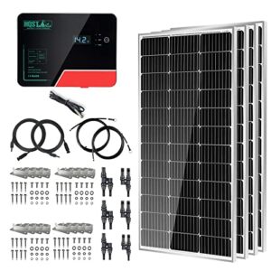 hqst 400 watt solar panel kit, 4 pcs 9bb cell monocrystalline solar panels with 12v/24v 40a mppt solar charge controller, adaptor kit, tray cables, mounting z brackets for rv, roof, boat, off-grid