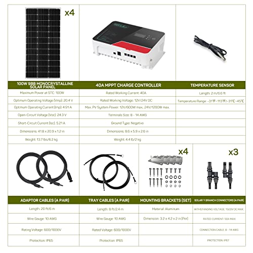 HQST 400 Watt Solar Panel Kit, 4 PCS 9BB Cell Monocrystalline Solar Panels with 12V/24V 40A MPPT Solar Charge Controller, Adaptor Kit, Tray Cables, Mounting Z Brackets for RV, Roof, Boat, Off-Grid
