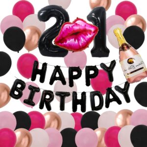 21st birthday decorations for her black pink 21st bday decorations for women, black 21 balloon number happy birthday banner, pink 21st birthday decor 21st balloons for her, finally 21 party supplies