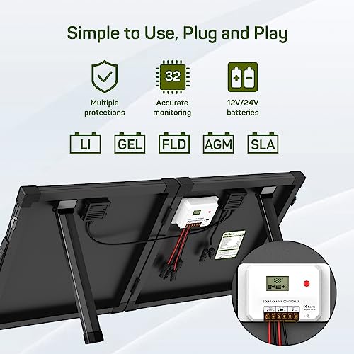 HQST 100 Watt 12 Volt 9BB Cell Portable Solar Panel Suitcase w/ 30 Amp PWM Charge Controller for Solar Generator, Power Station, Battery Charging, RV, Camping, Off-Grid