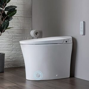 woodbridge b0970s smart bidet tankless toilet elongated one piece chair height, auto flush, foot sensor operation, heated seat with integrated multi function remote control in white