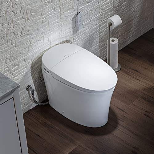 WOODBRIDGE B0970S Smart Bidet Tankless Toilet Elongated One Piece Chair Height, Auto Flush, Foot Sensor Operation, Heated Seat with Integrated Multi Function Remote Control in White