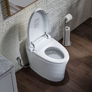 WOODBRIDGE B0970S Smart Bidet Tankless Toilet Elongated One Piece Chair Height, Auto Flush, Foot Sensor Operation, Heated Seat with Integrated Multi Function Remote Control in White