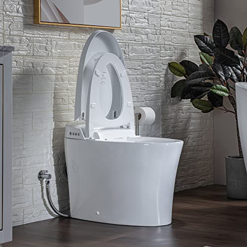 WOODBRIDGE B0970S Smart Bidet Tankless Toilet Elongated One Piece Chair Height, Auto Flush, Foot Sensor Operation, Heated Seat with Integrated Multi Function Remote Control in White