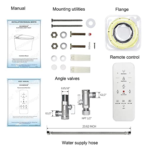 WOODBRIDGE B0970S Smart Bidet Tankless Toilet Elongated One Piece Chair Height, Auto Flush, Foot Sensor Operation, Heated Seat with Integrated Multi Function Remote Control in White