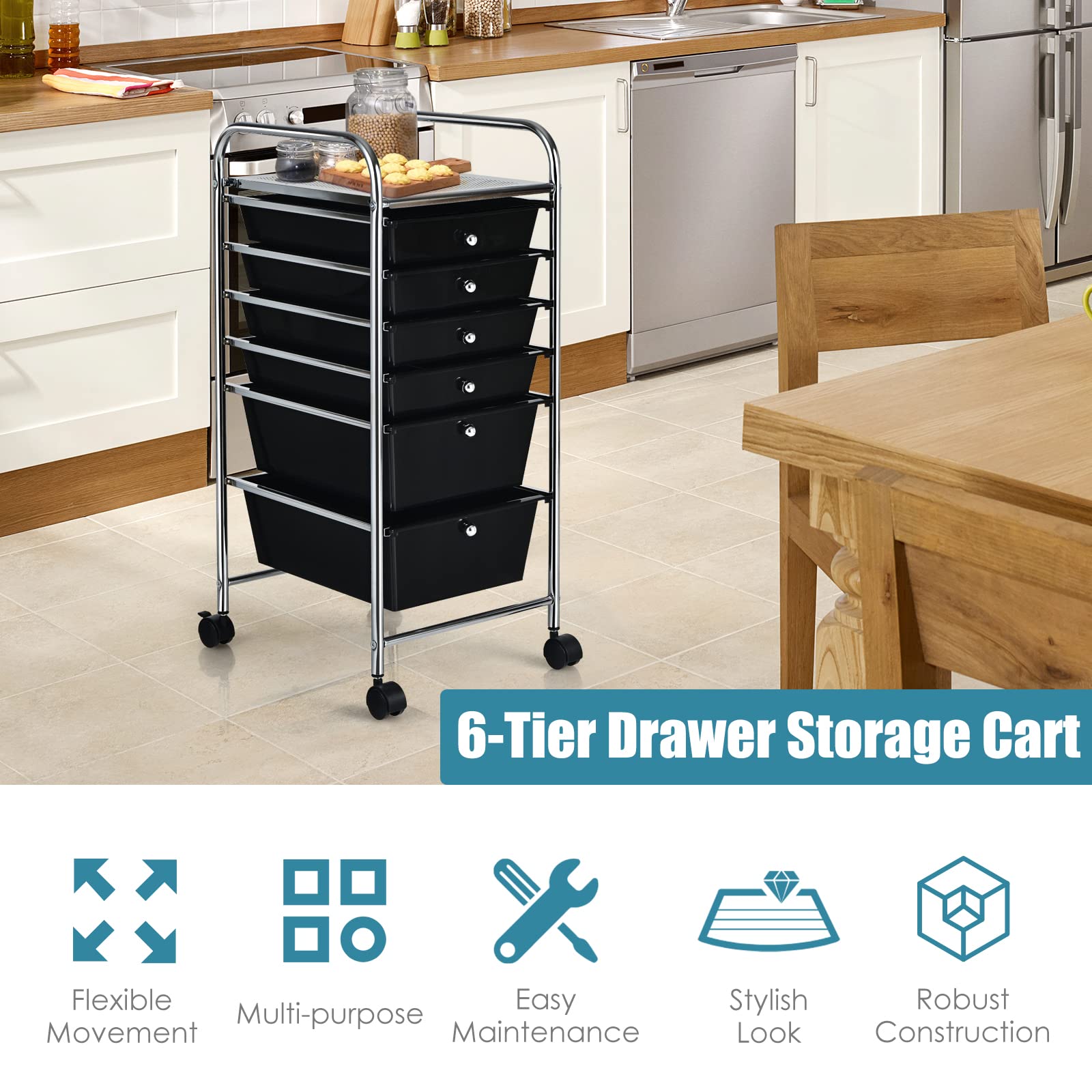 ARLIME 6-Drawer Rolling Storage Cart, Multifunctional Storage Organizer Cart with Wheels, Mobile Utility Cart for Home Office Garage Tools (Black)