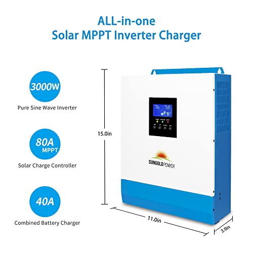 3000W DC 24V Pure Sine Wave Inverter with 80A MPPT Solar Charger and 40A AC Battery Charger, Hybrid Solar Inverter Charger Manufactured by SunGoldPowerCo.,Ltd (Upgraded)