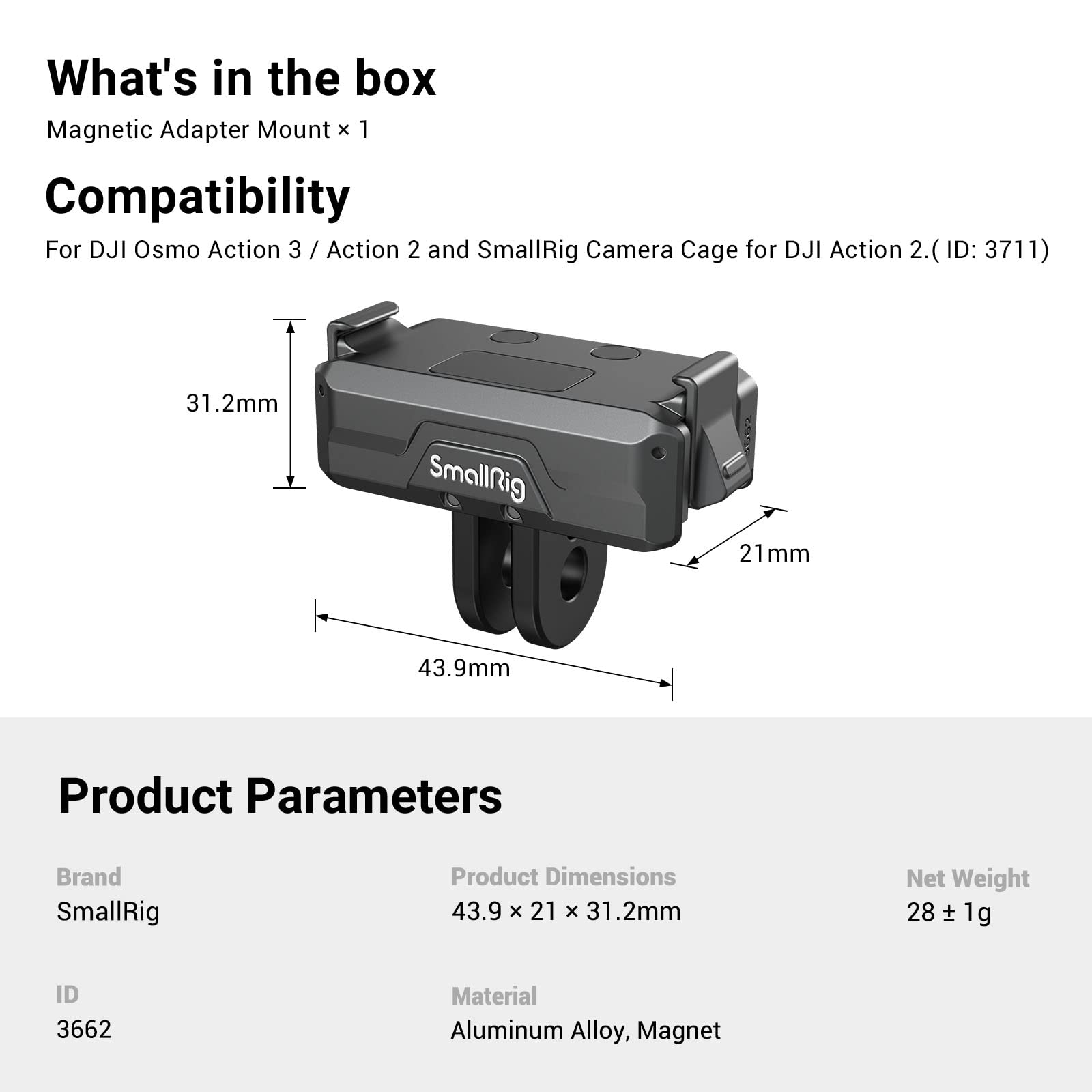 SMALLRIG Magnetic Adapter Mount for DJI Action 4 / Action 3 / Action 2, with Adapter Connection and 1/4” Thread for Osmo Action 3 / Action 2, for Tripod, Selfie, Vlogging, YouTube - 3662