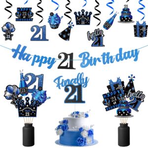 watinc 42pcs 21st blue birthday banner party decorations, hello 21 glitter hanging garlands swirls signs for 21 years old party favor, blue black sliver cake topper centerpieces home table decor
