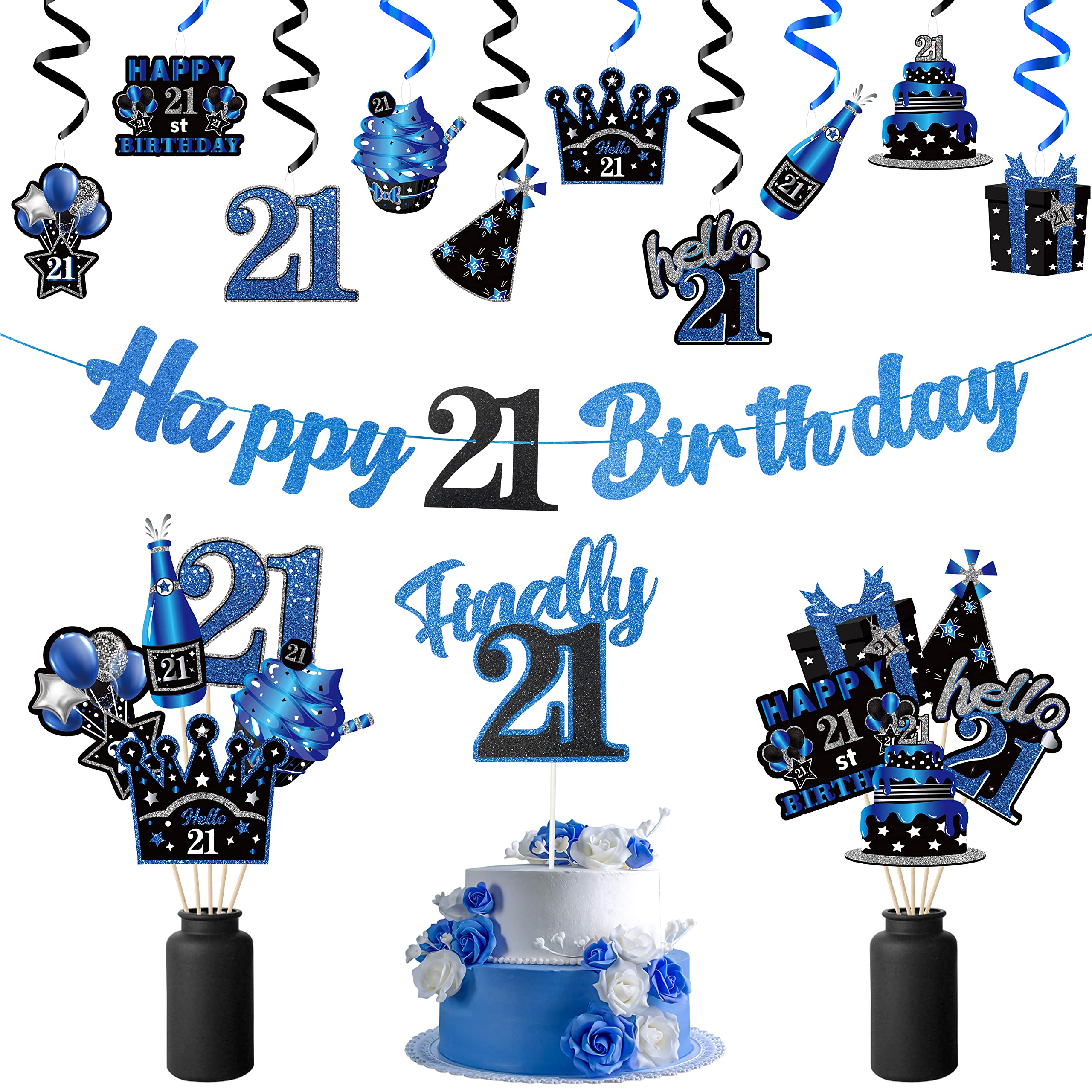 WATINC 42pcs 21st Blue Birthday Banner Party Decorations, Hello 21 Glitter Hanging Garlands Swirls Signs for 21 Years Old Party Favor, Blue Black Sliver Cake Topper Centerpieces Home Table Decor