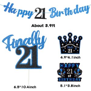 WATINC 42pcs 21st Blue Birthday Banner Party Decorations, Hello 21 Glitter Hanging Garlands Swirls Signs for 21 Years Old Party Favor, Blue Black Sliver Cake Topper Centerpieces Home Table Decor