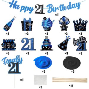 WATINC 42pcs 21st Blue Birthday Banner Party Decorations, Hello 21 Glitter Hanging Garlands Swirls Signs for 21 Years Old Party Favor, Blue Black Sliver Cake Topper Centerpieces Home Table Decor