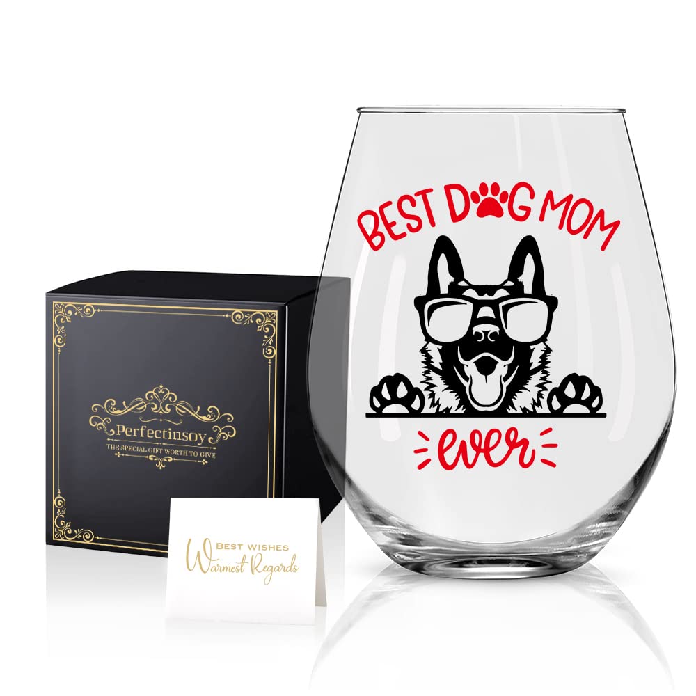 Perfectinsoy Dog Mom Ever Wine Glass with Gift Box, Cute German Shepherd Themed, Dog Lover Gifts for Her, Dog Moms, Grandma, Wife, Sister, Wine Glass Gift for Dog Lovers