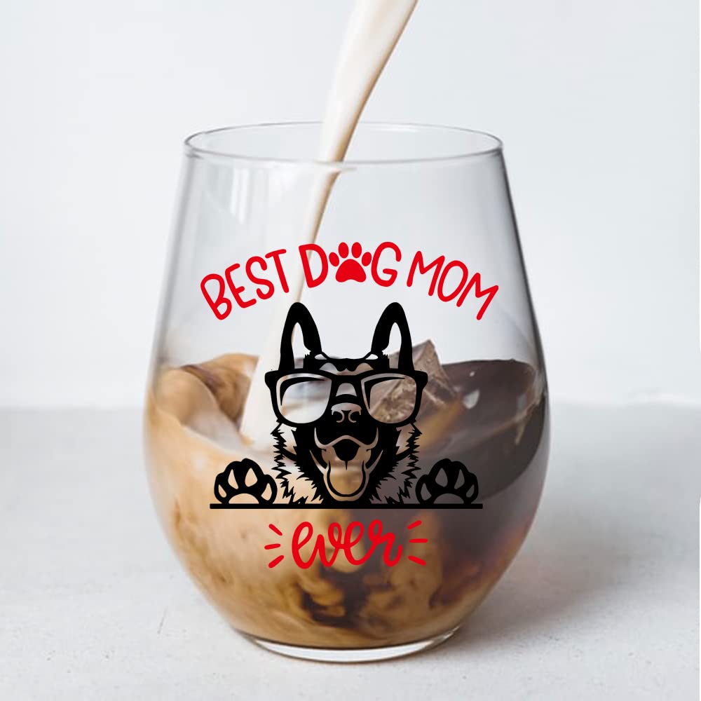 Perfectinsoy Dog Mom Ever Wine Glass with Gift Box, Cute German Shepherd Themed, Dog Lover Gifts for Her, Dog Moms, Grandma, Wife, Sister, Wine Glass Gift for Dog Lovers