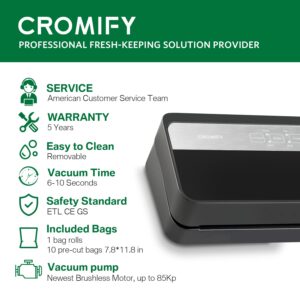 Cromify vacuum sealer machine, 5-in-1 Automatic Food Sealer, Dry & Moist Food Modes with Starter Kit and Built-in Cutter, Easy to Clean, Led Indicator Lights, Compact Design (E-9000)