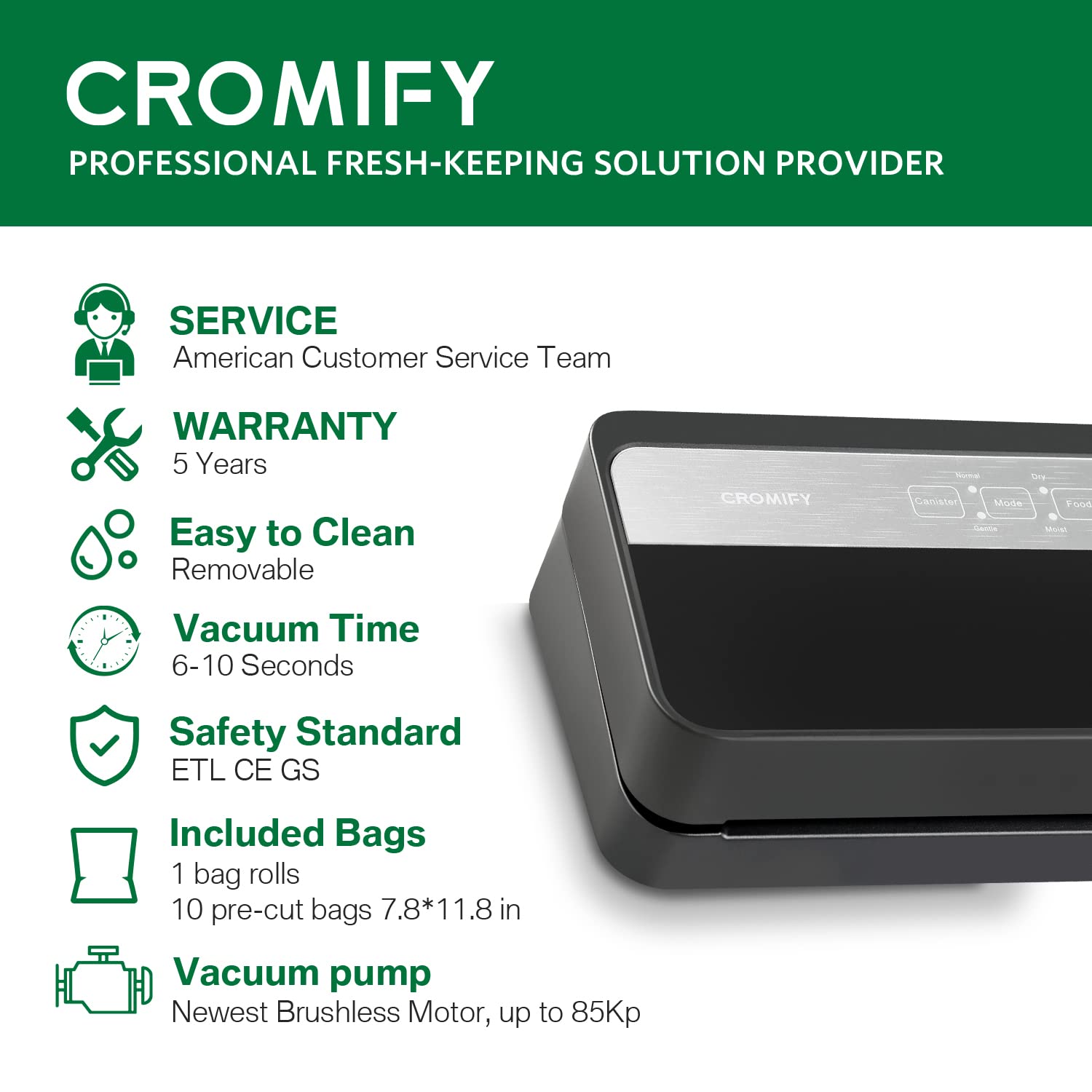 Cromify vacuum sealer machine, 5-in-1 Automatic Food Sealer, Dry & Moist Food Modes with Starter Kit and Built-in Cutter, Easy to Clean, Led Indicator Lights, Compact Design (E-9000)