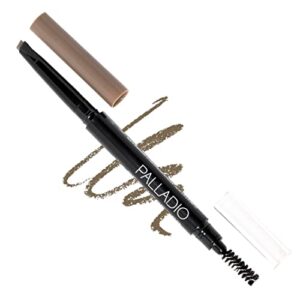 palladio brow definer retractable pencil, triangular tip fills brows for a natural look, tame and shape eyebrows with spoolie brush, eyebrow shaper, buildable light to dark colors, (taupe)