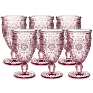 kingrol 6 pack vintage water goblets, 10 oz wine glasses, mixed drink glasses, romantic pink drinkware set for wedding, party, daily use