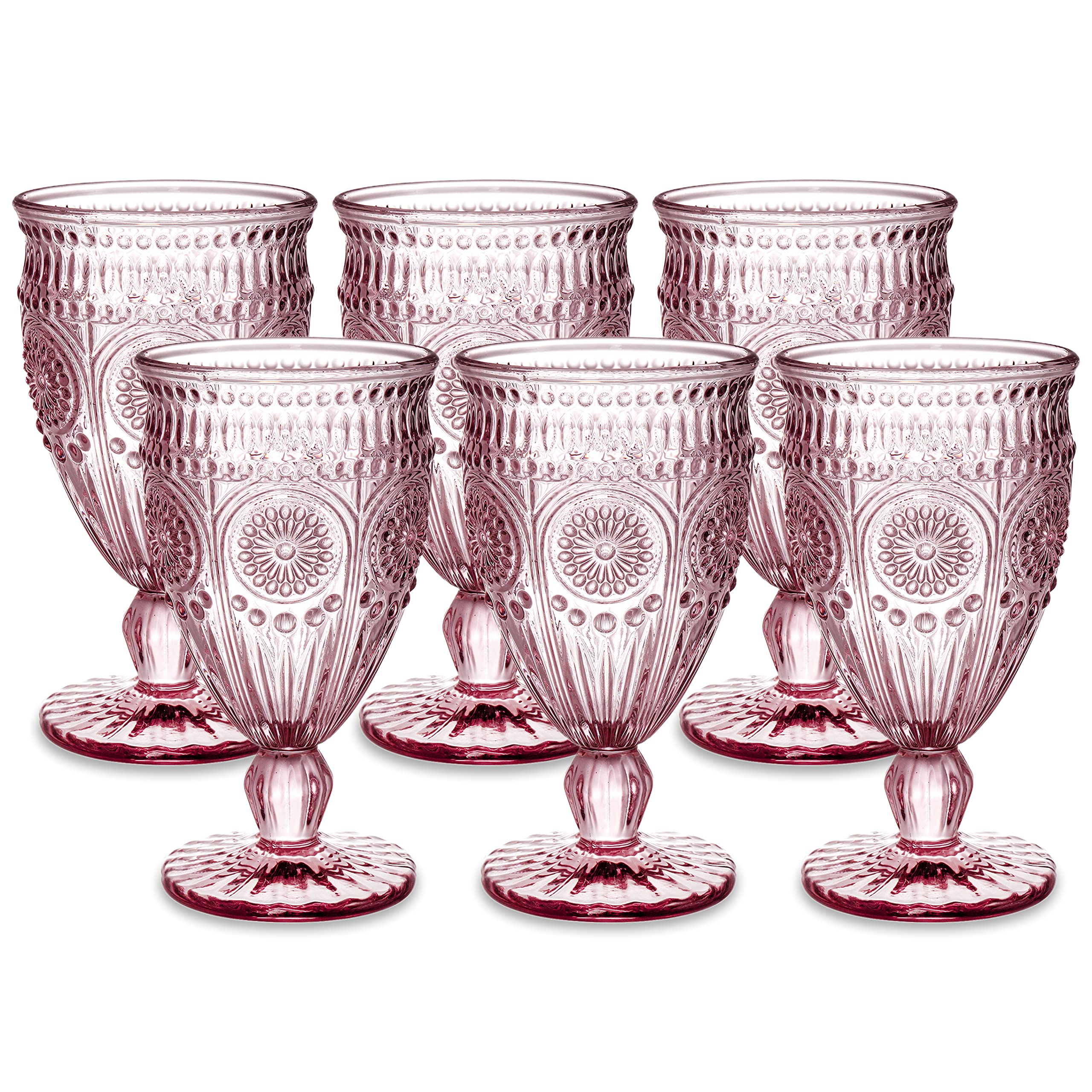 Kingrol 6 Pack Vintage Water Goblets, 10 oz Wine Glasses, Mixed Drink Glasses, Romantic Pink Drinkware Set for Wedding, Party, Daily Use