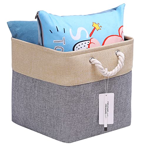 CREADARD Fabric Cube Storage Basket, 13x13x13 inch Foldable Linen Cube Storage Basket for Nursery and Home, Collapsible Canvas Shelf Basket for Wardrobe or Bedroom, Blue and Grey and Beige