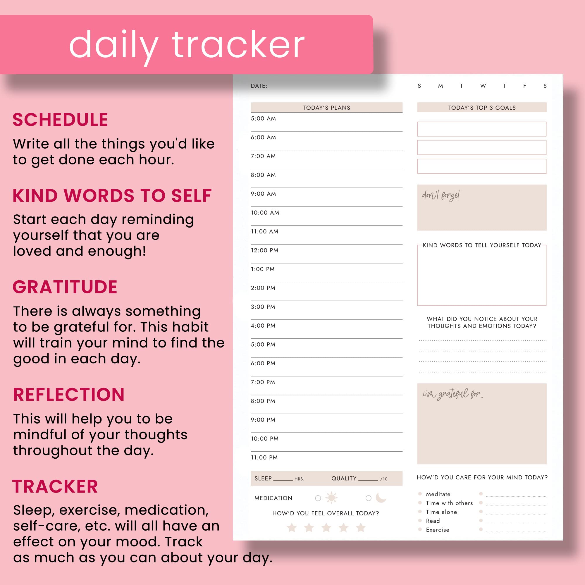 CanPlan Mental Health Planner - Self Care Gift for Women, Mental Health Journal, Book, Anxiety, Depression, ADHD Planner and Tracker, Self Love Self Care Journal, Wellness Planner, Pink
