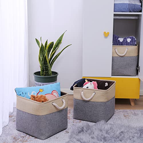 CREADARD Fabric Cube Storage Basket, 13x13x13 inch Foldable Linen Cube Storage Basket for Nursery and Home, Collapsible Canvas Shelf Basket for Wardrobe or Bedroom, Blue and Grey and Beige