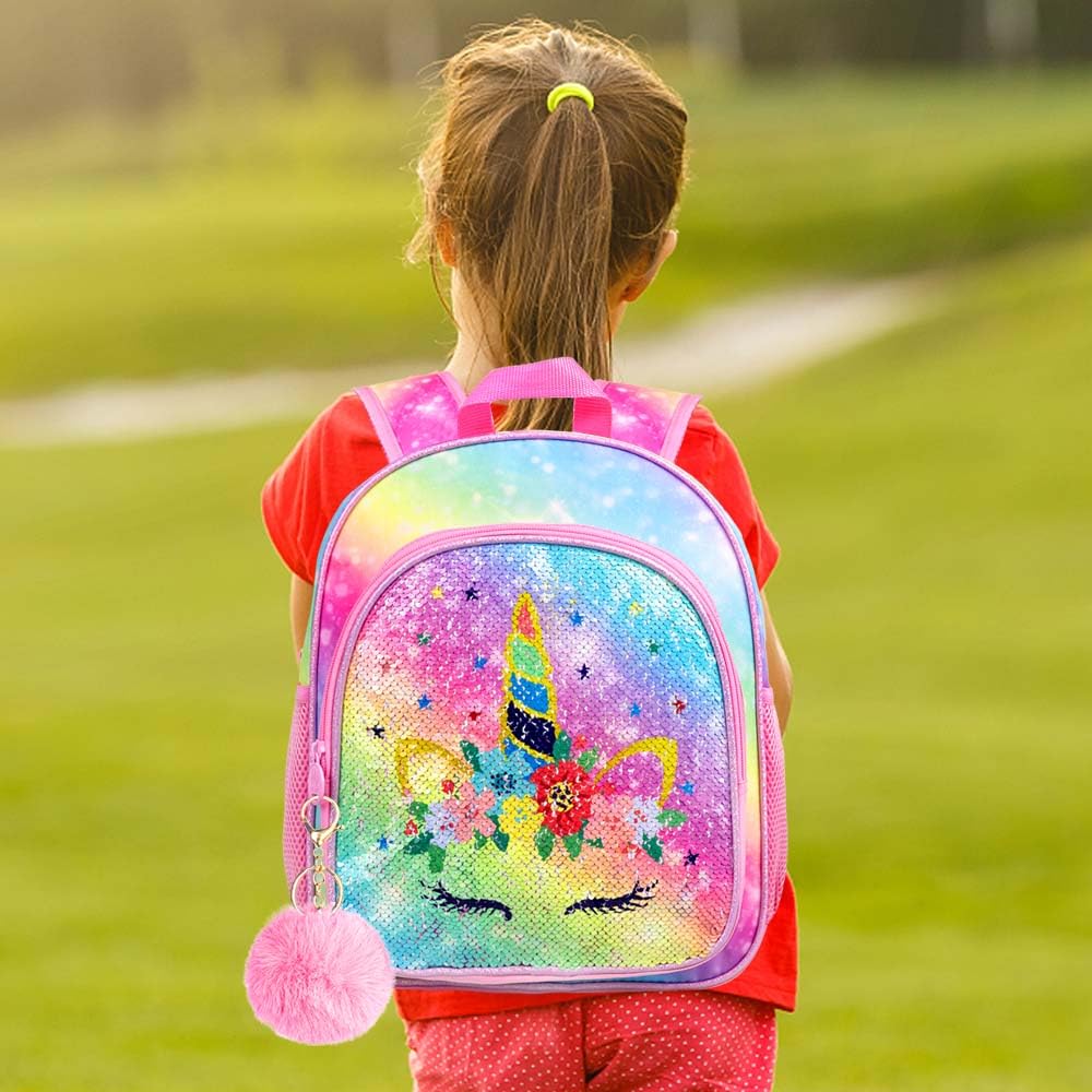 WZLVO Toddler Backpack for Girls, 12" Cute Unicorn Preschool Sequin Bookbag, Kindergarden School bag for little Kids