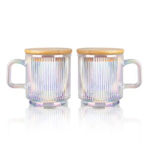 joeyan iridescent glass coffee mugs set of 2-11.5 oz striped coffee cups with lid - large drinking glasses with handle for latte, coffee, tea, milk, juice