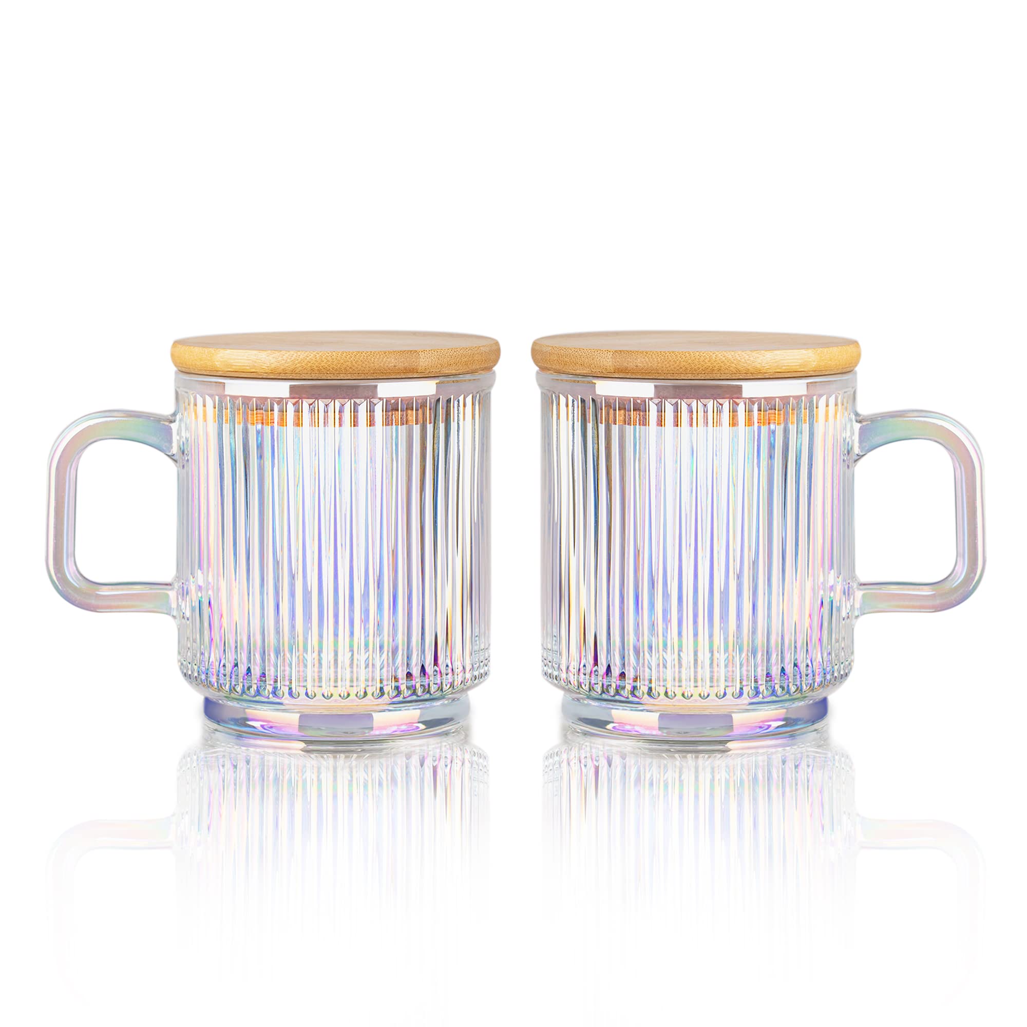 Joeyan Iridescent Glass Coffee Mugs Set of 2-11.5 oz Striped Coffee cups with Lid - Large Drinking Glasses with Handle for Latte, Coffee, Tea, Milk, Juice